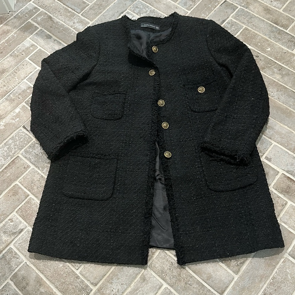 Zara Black Textured Blazer with Gold Buttons